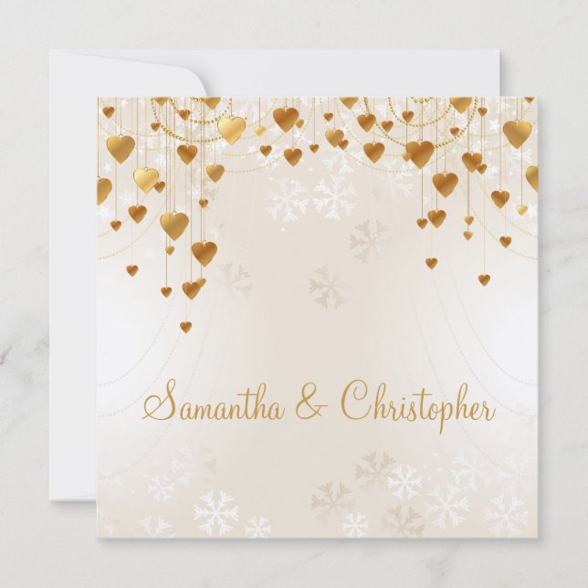 Invitation Gold Hearts et Snowflakes II Mariage (Devant)