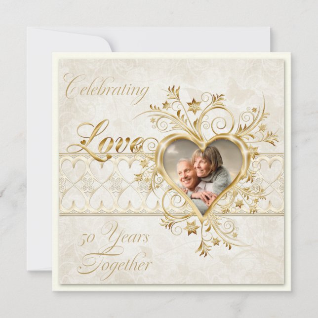 Invitation Gold Hearts Swirls Photo 50th Wedding Anniversary (Devant)