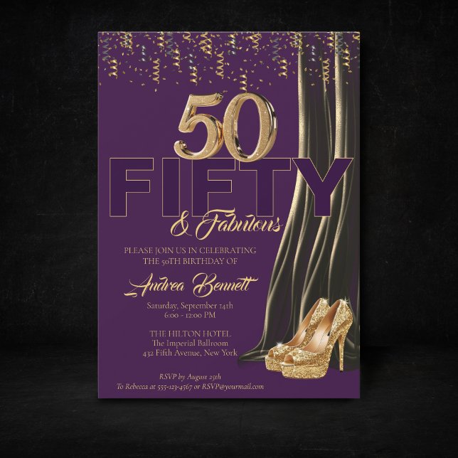 Invitation Gold High Heel Elegant Purple 50 Fabuleux Annivers (Gold Purple 50th birthday invitation high heels)