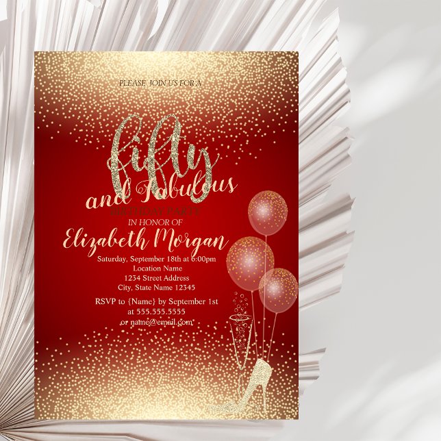 Invitation Gold High Heels Confetti, Red 50th Birthday Party (Créateur téléchargé)