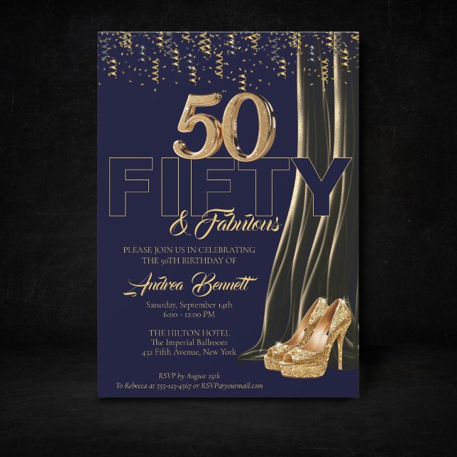 Invitation Gold High Heels Elégant Marine 50 Fabuleux Anniver (Gold Navy 50th birthday invitation high heels)