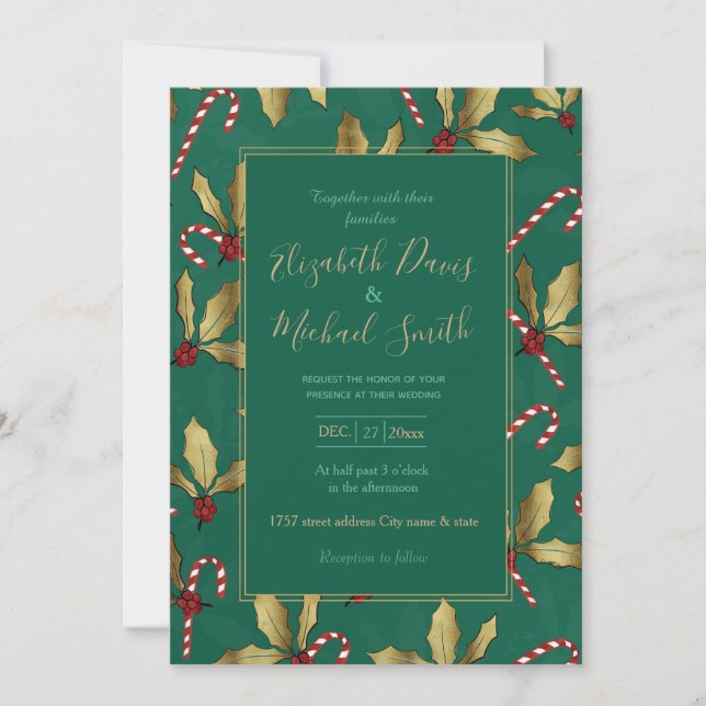 Invitation Gold Holly Feuille Red Berries Sucre de canne vert (Devant)