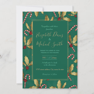 Invitation Gold Holly Feuille Red Berries Sucre de canne vert
