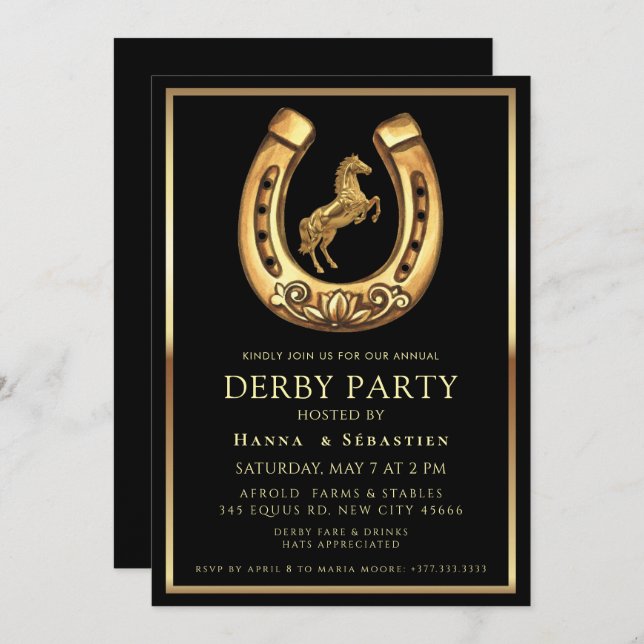 Invitation gold Horse Derby Party Equestrian  (Devant / Derrière)