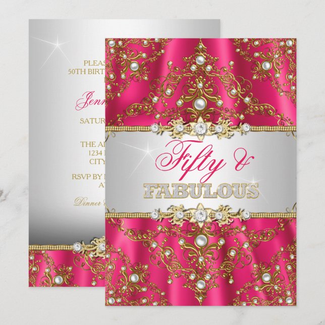 Invitation Gold & Hot Pink Pearl Damask Cinquante et fabuleux (Devant / Derrière)