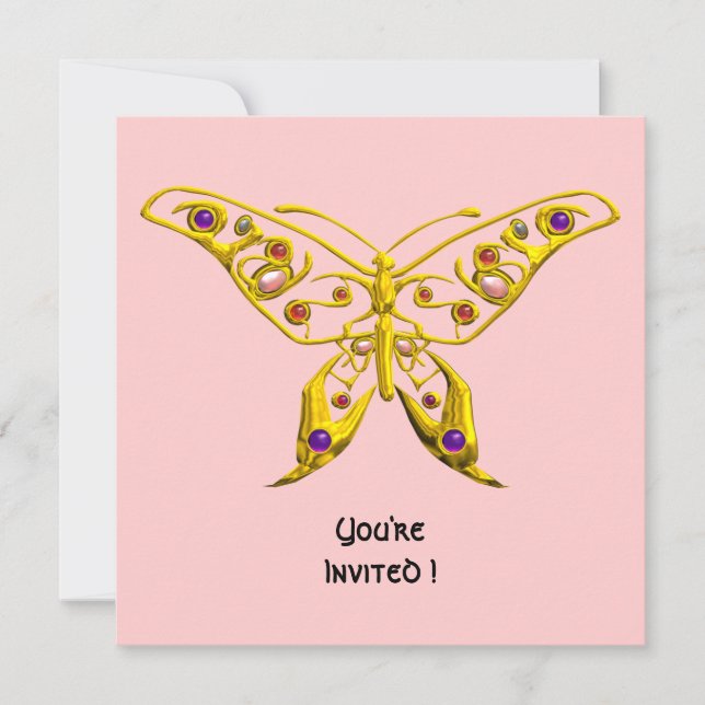 Invitation GOLD HYPER BUTTERFLY, GEMSTONES Mariage rose Invit (Devant)