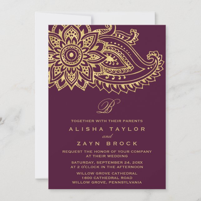 Invitation Gold Indian Paisley Mariage (Devant)