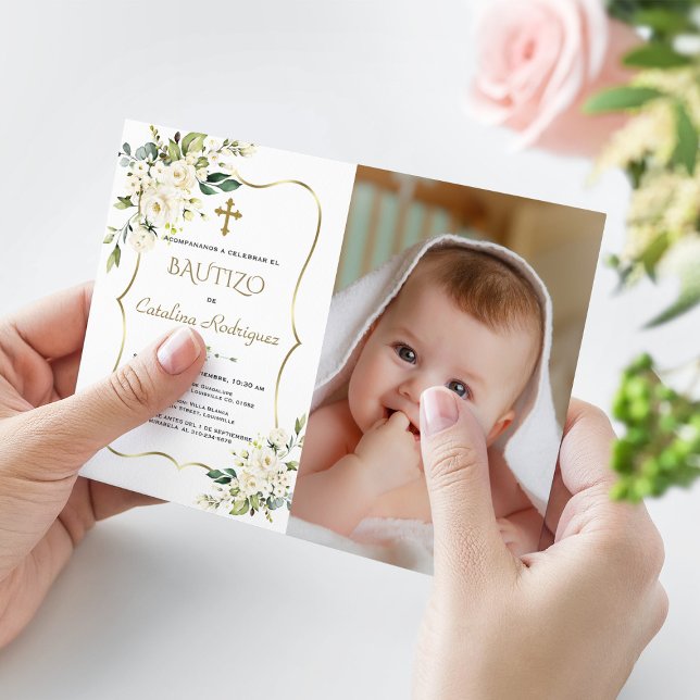 Invitation Gold Invitacion Bautizo Con flores Photo Baptême (baptism bautizo baby photo invitation gold white flowers)