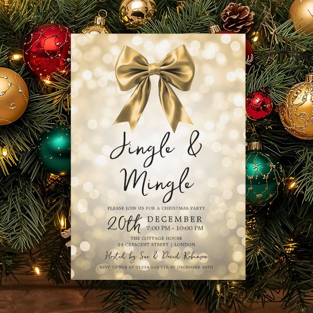 Invitation Gold Jingle & Mingle Christmas Party Bow & Lights (Gold Jingle & Mingle Christmas Party Bow & Lights Invitation)