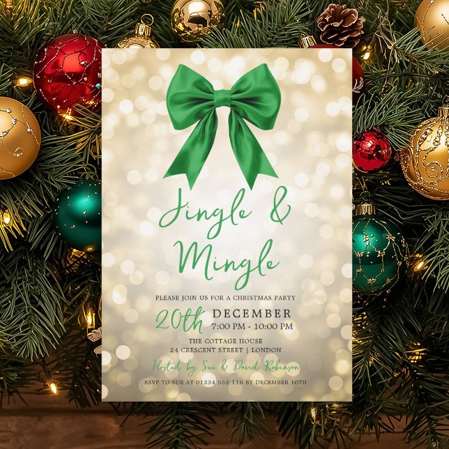 Invitation Gold Jingle Mingle Christmas Party Green Bow  (Gold Jingle Mingle Christmas Party Green Bow Invitation)