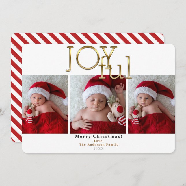 Invitation Gold Joyful Christmas Holiday 3 Photos Photo (Devant / Derrière)