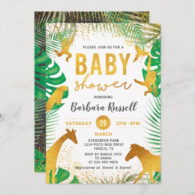 Invitation Gold Jungle Animaux Safari Baby shower garçon (Devant / Derrière)