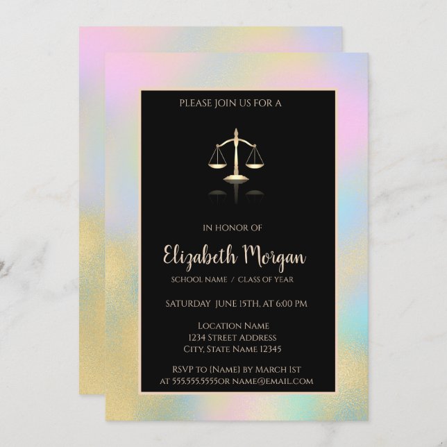 Invitation Gold Justice Scale Holographic Graduation Party (Devant / Derrière)