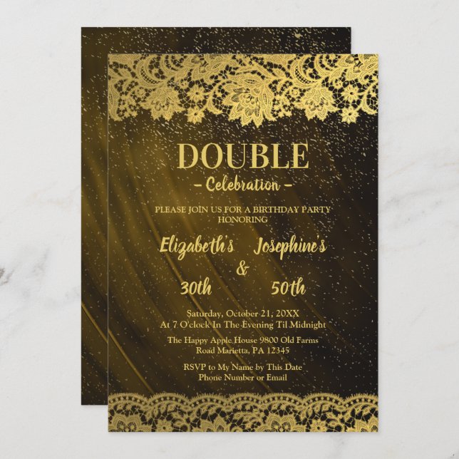 Invitation Gold Lace Adulte double Joint Anniversaire (Devant / Derrière)