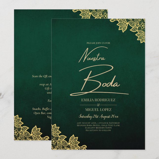 Invitation Gold Lace Emerald Green All-in-1 Wedding Invitatio (Devant / Derrière)