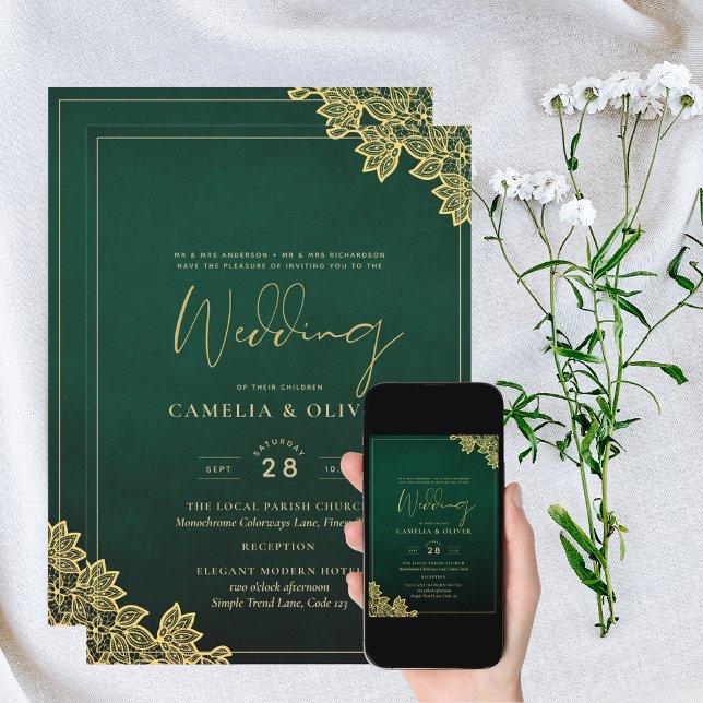 Invitation Gold Lace Emerald Green All-in-1 Wedding Invitatio (Créateur téléchargé)