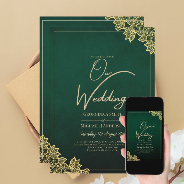 Invitation Gold Lace Emerald Green All-in-1 Wedding Invitatio (Créateur téléchargé)