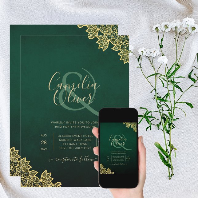 Invitation Gold Lace Emerald Green All-in-1 Wedding Invitatio (Créateur téléchargé)