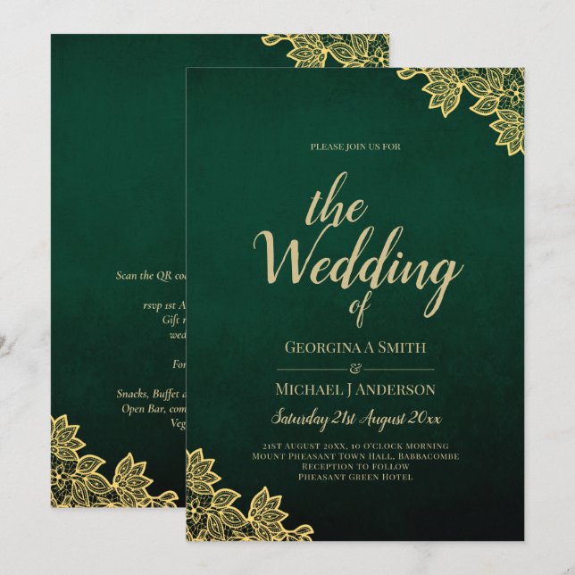Invitation Gold Lace Emerald Green All-in-1 Wedding Invitatio (Devant / Derrière)