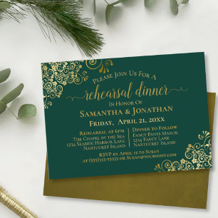 Invitation Gold Lacy Emerald Green Mariage Répétition et dîne