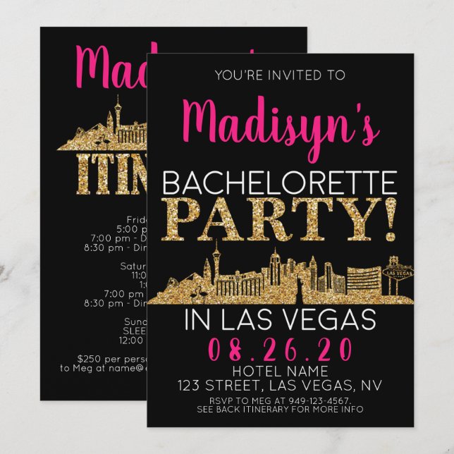 Invitation Gold Las Vegas Bachelorette Party Itinéraire et (Devant / Derrière)