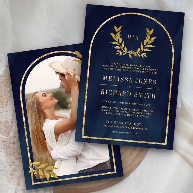 Invitation Gold Laurel Wreath Feuille Marine Blue Mariage (Créateur téléchargé)