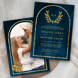 Invitation Gold Laurel Wreath Feuille Océan Bleu Mariage