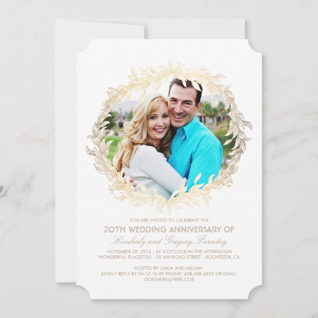 Invitation Gold Laurel Wreath White Photo Mariage Anniversair (Devant)