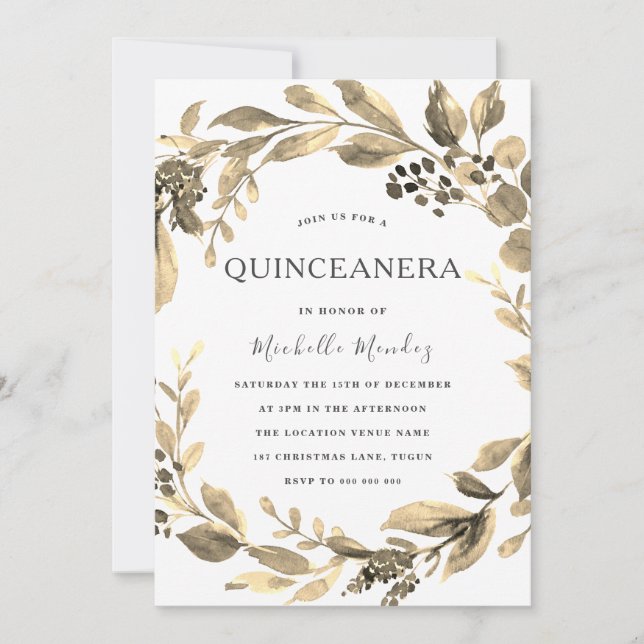 Invitation Gold Leaf Wreath Modern Quinceanera Party (Devant)