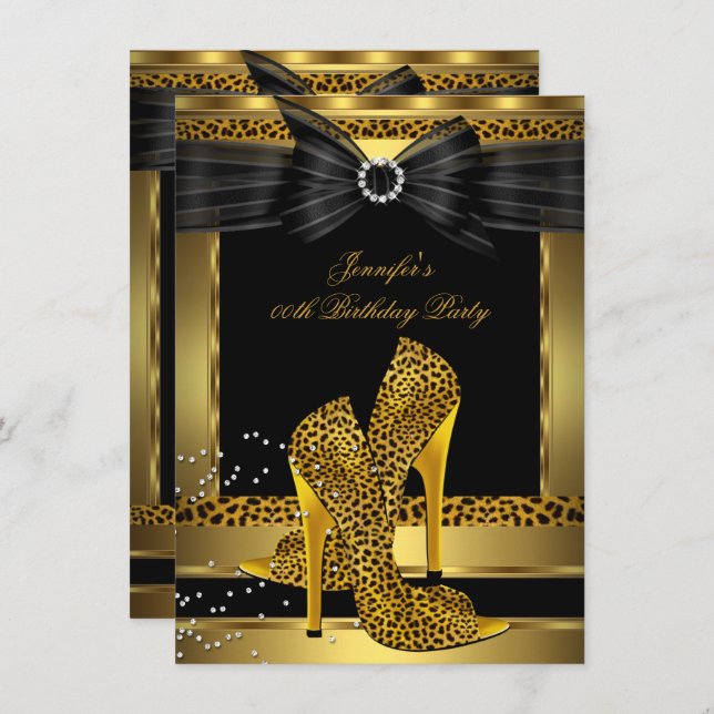 Invitation Gold Leopard High Heel Chaussure Noir Anniversaire (Devant / Derrière)