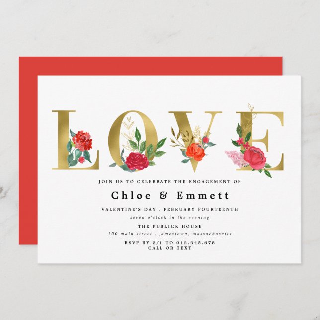 Invitation Gold Letters with Red Flowers Engagement Party (Devant / Derrière)