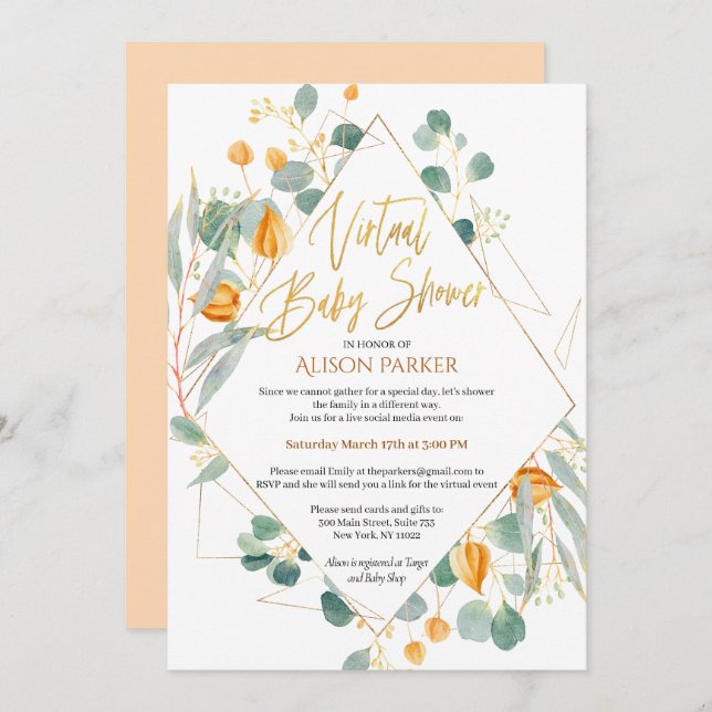 Invitation Gold Lily Eucalyptus Nature | Baby shower virtuel (Devant / Derrière)
