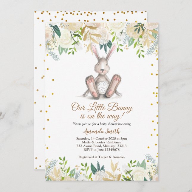 Invitation Gold Little Bunny est en route pour le Baby shower (Devant / Derrière)