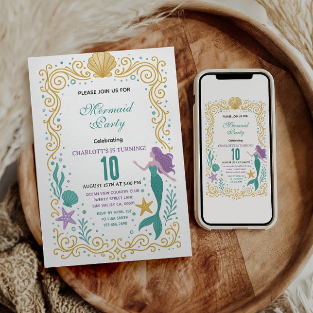 Invitation Gold Little Mermaid 10th Birthday  Under the sea  (Créateur téléchargé)