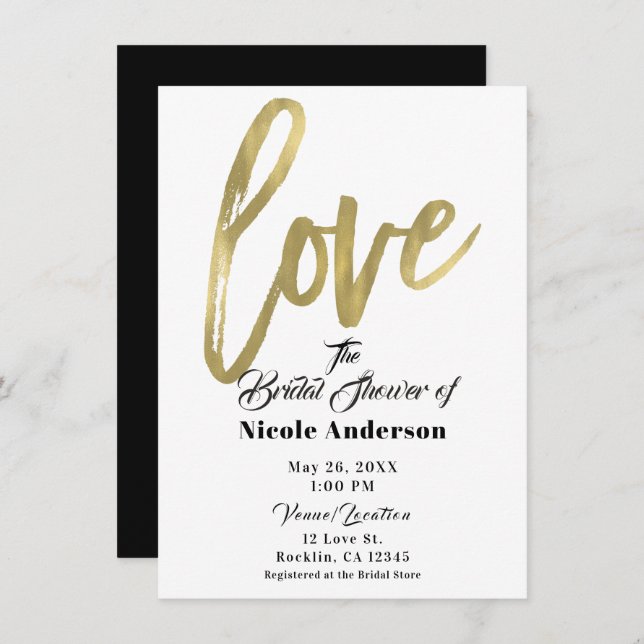 Invitation Gold LOVE Mariage de script de brosse moderne (Devant / Derrière)