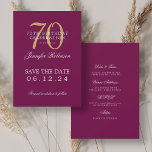 Invitation Gold Magenta 70th Birthday Enregistrer la date Dét<br><div class="desc">Design élégant "70th Birthday Party" avec un script de typographie formel,  nom personnalisé et texte de détails. Facile à utiliser et facile à personnaliser. Commandez aujourd'hui !</div>