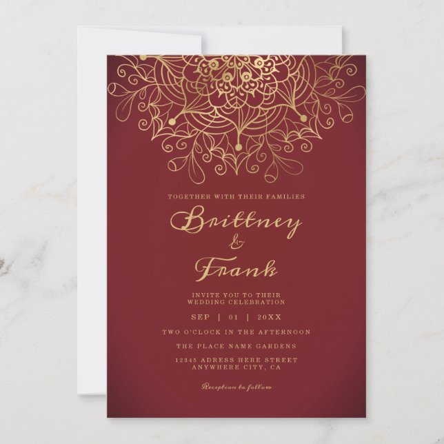 Invitation Gold Mandala Floral Bourgogne Ombre Mariage (Devant)