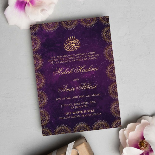 Invitation Gold Mandala Frame violet musulman musulman mariag (Créateur téléchargé)