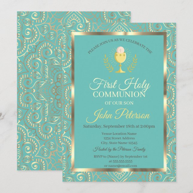 Invitation Gold Mandala Mint Green First Holy Communion (Devant / Derrière)