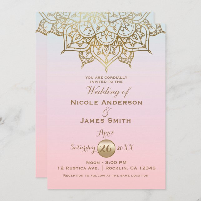 Invitation Gold Mandala Peach Rose Moderne Mariage élégant (Devant / Derrière)