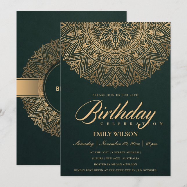 INVITATION GOLD MANDALA VERT TOUTE ANNÉE 40E FÊTE D'ANNIVERSA (Devant / Derrière)
