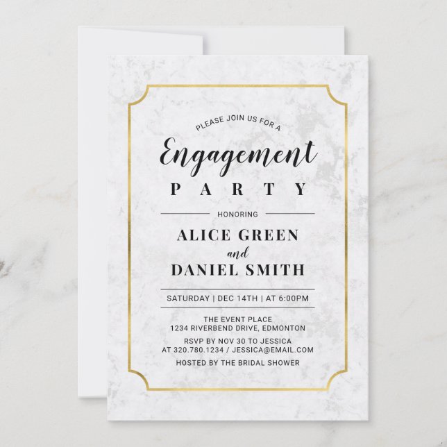 Invitation Gold & Marble | Mariage Classique Fiançailles (Devant)