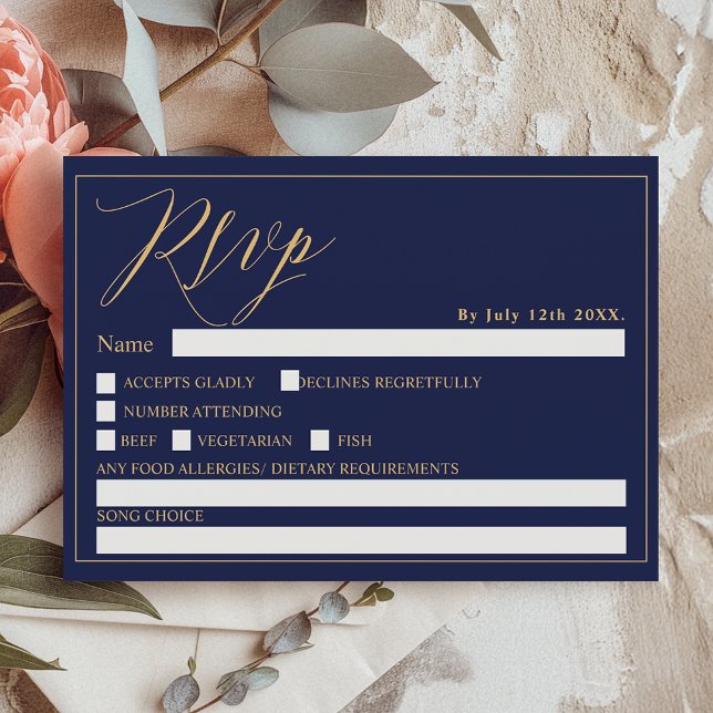 Invitation Gold marine bleu élégant script chic rsvp mariage (Gold navy blue elegant script chic rsvp wedding invitation)
