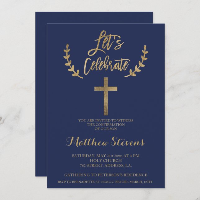 Invitation Gold marine bleu typographie confirmation chic (Devant / Derrière)