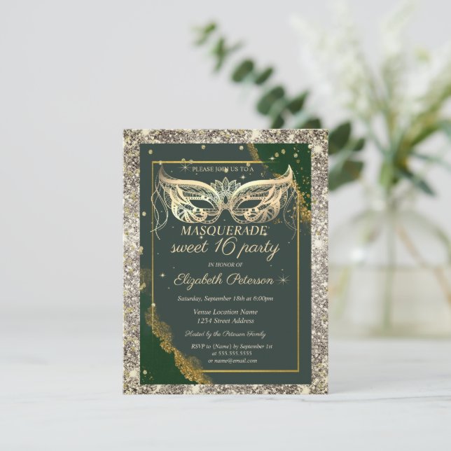 Invitation Gold Masquerade Glitter Green Sweet 16  (Debout devant)