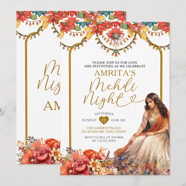 Invitation Gold Menhdi Night Indien Dholki Paskitan Floral (Devant / Derrière)