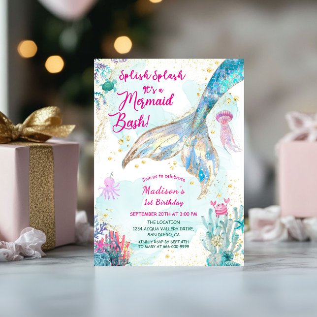 Invitation Gold Mermaid Tail Girl 1er fête d'anniversaire (Mermaid Tale Gold Turquoise 1st Birthday Girl Party Invitation)