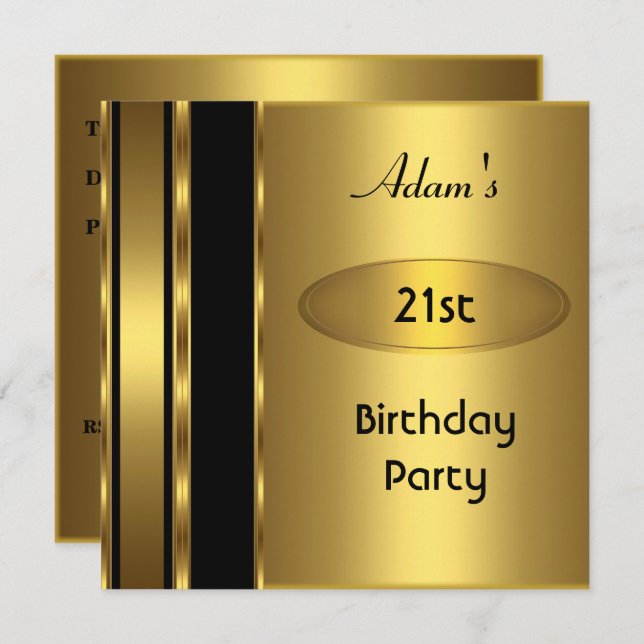Invitation Gold Metal Black Mens 21e anniversaire de fête hom (Devant / Derrière)