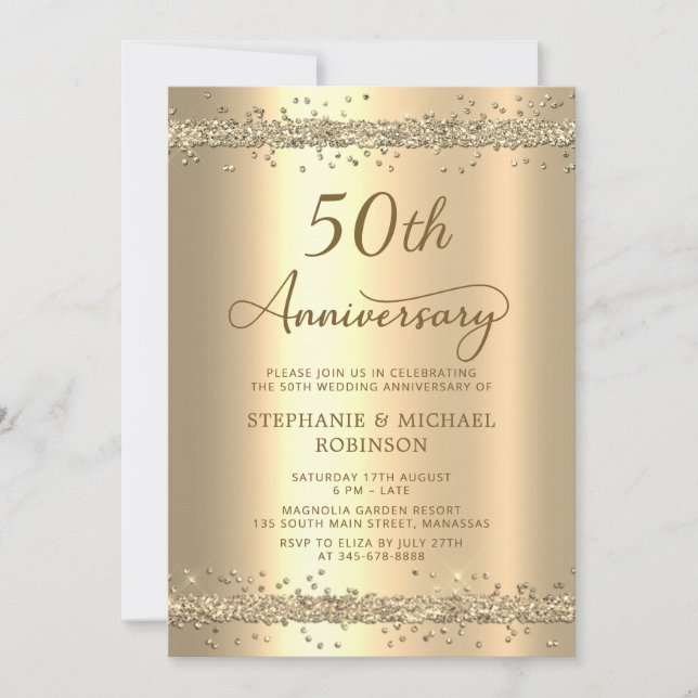 Invitation Gold Metallic Glitter 50th Wedding Anniversary (Devant)