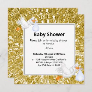 Invitation GOLD METALLIC LOOK Baby shower de cigogne Invitati